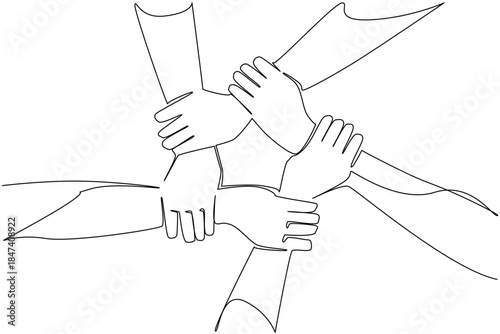 Continuous line drawing of several hands interlocked in a circle, symbolizing unity, teamwork, and equality for Race Unity Day. A strong message of solidarity and inclusion.
