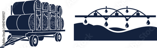 Farm trailer loaded with hay bales and an agricultural irrigation system round bales agriculture