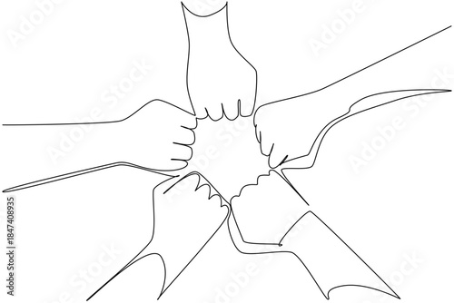 Single line drawing shows multiple fists joined in a star formation, symbolizing strength, resistance, and solidarity for Race Unity Day. A concept of equality and justice.