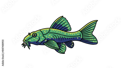 Vibrant green and blue freshwater fish illustration with distinctive barbels and spotted pattern design