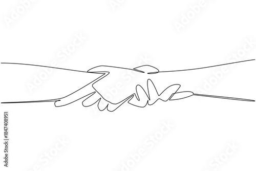 Single line drawing illustrates a handshake, representing agreement, trust, and partnership on Race Unity Day. A symbolic unity concept to promote peace and equality.