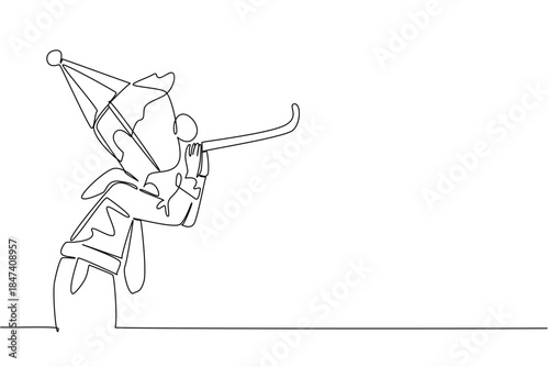 Cheerful boy in a party hat blowing a party horn in continuous line drawing style, highlighting fun, childhood energy, and joy, symbolizing a playful kids concept for National Kids Day.