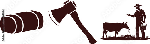 Farmer Feeding Cow with Axe and Log Silhouettes on White Background 