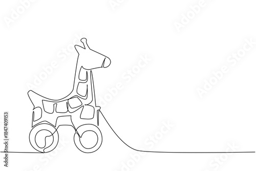 One line drawing of a giraffe shaped wooden wheeled pull toy, minimalist and fun, designed for children creative play, toy artwork, jungle animal inspiration, and decorative art.