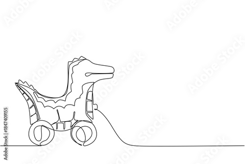 Continuous line drawing of a crocodile shaped wooden toy with wheels, created in one line drawing style. This design concept emphasizes playful childhood art, minimalism, and creative wooden objects.