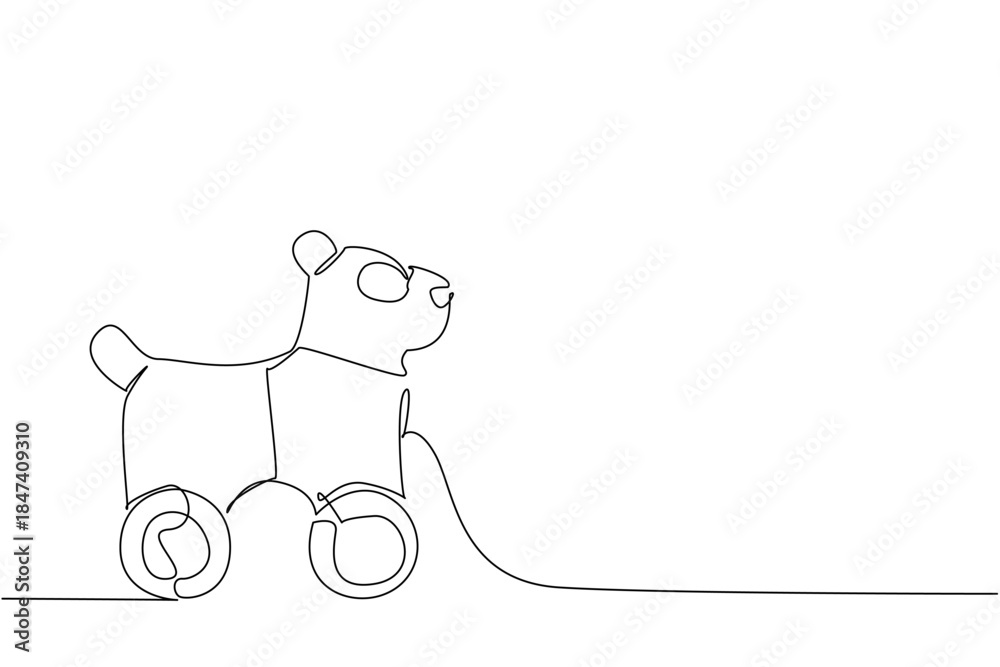 Fototapeta premium Adorable continuous line drawing of a panda toy on wheels, capturing innocence and play. Nature concept with World Wildlife Day theme in minimalist modern design.