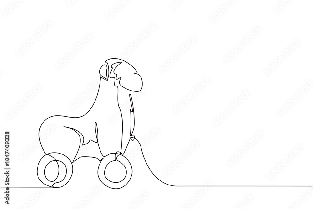 Fototapeta premium Single line drawing of a wooden chimpanzee toy on wheels, crafted in a minimalist and abstract style. This animal concept design highlights creativity, childhood play, and handmade tradition.