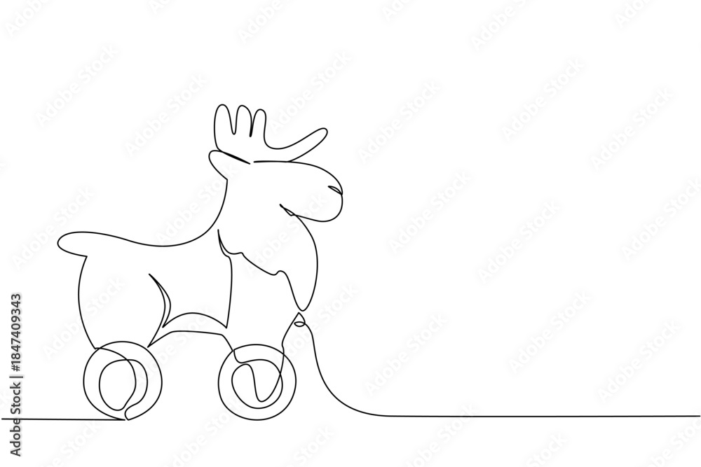 Fototapeta premium single line drawing of a wooden moose toy on wheels, crafted in a minimalist and abstract style. This animal concept emphasizes childhood creativity, decorative art, and playful imagination.