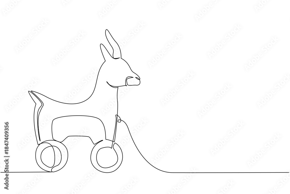 Fototapeta premium Continuous line drawing of a wooden antelope toy with wheels, crafted in minimalist style. This design highlights the antelope graceful horns, wildlife character, and simple creative wooden art.