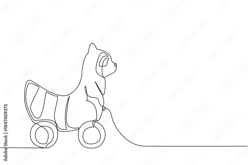 Fototapeta premium Continuous line drawing of a wooden raccoon toy with wheels, designed in minimalist style. This animal artwork highlights the raccoon playful character, rustic craft, and creative childhood design.