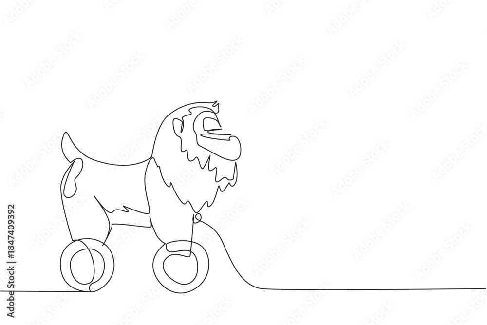 Fototapeta premium Continuous line drawing of a wooden mandrill toy with wheels, showing its mane and unique primate face. This minimalist design highlights handcrafted creativity, animal art, and playful wooden style.