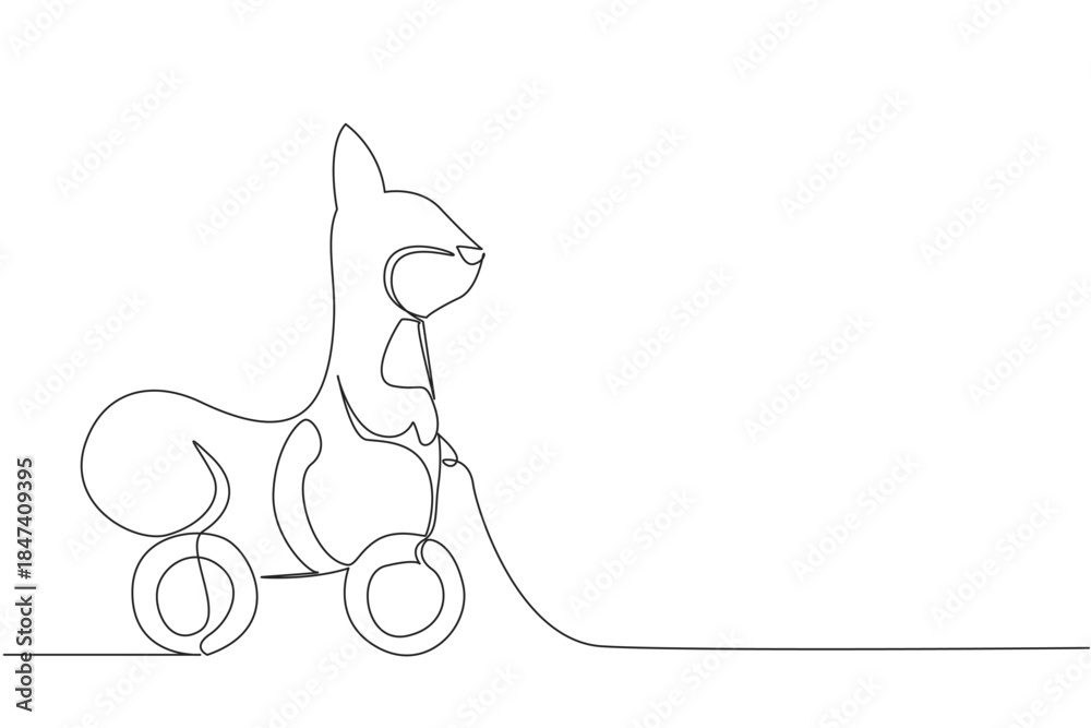 Fototapeta premium Charming squirrel wooden wheeled toy drawn in single line drawing, showcasing playful woodland animal character, minimalist design concept, and decorative artwork suitable for kids and art lovers.