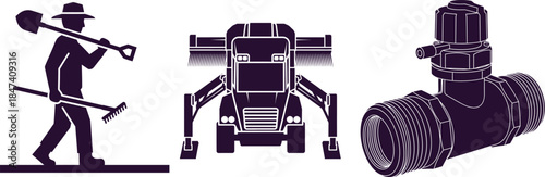 Farmer with Tools and Construction Equipment Icons on White Background