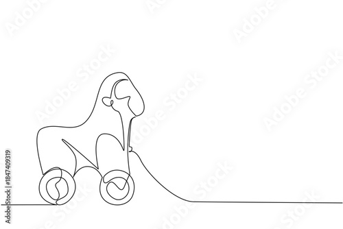 Playful single line drawing of a strong gorilla pull toy on wheels. A unique childhood concept design that embodies classic wooden toys, jungle animal themes, and fun for kids.