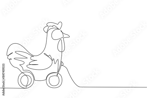 playful rooster wooden wheeled toy illustrated in continuous line drawing, highlighting creative design concept, simplicity, and minimalist cartoon charm for kids and decorative artwork.