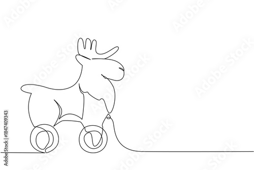 single line drawing of a wooden moose toy on wheels, crafted in a minimalist and abstract style. This animal concept emphasizes childhood creativity, decorative art, and playful imagination.