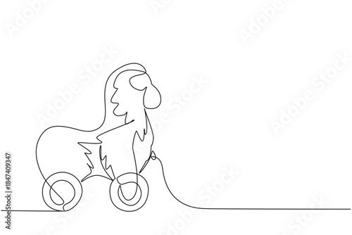 Continuous line drawing of a wooden orangutan toy on wheels, designed in a simple and abstract style. This animal concept design emphasizes creativity, handmade art, and children play.