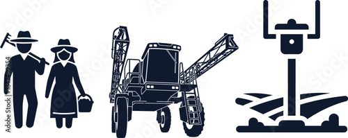 Farmers, Crop Sprayer, and Field Cultivator Silhouette Icons woman couple