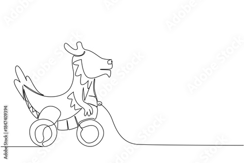 wooden dragon wheeled toy designed in single line drawing style, combining fantasy character, playful concept, and minimalist art to create unique decorative artwork for children and collectors.