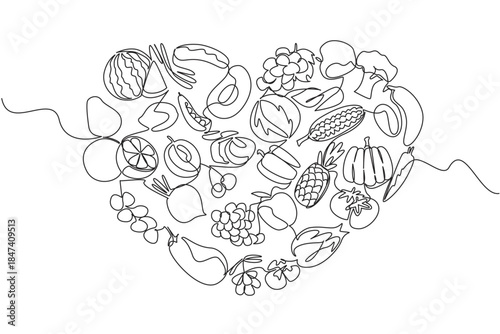 One line drawing illustration depicting various fruits and vegetables arranged into a heart shape, celebrating Eat Flexitarian Day with focus on health, wellness, and balanced food concept lifestyle.