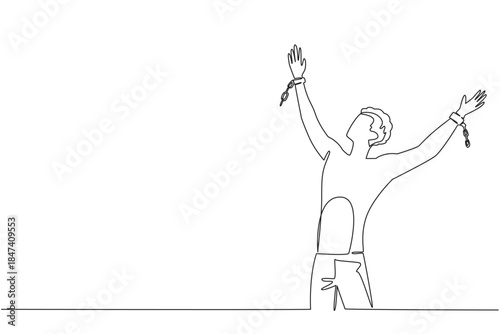 Inspiring continuous line drawing of a man with raised arms free from chains, symbolizing triumph, emancipation, and freedom for the Abolition Day international event concept design.