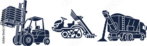 Forklift Stacking Pallets Crawler Drill and Dump Truck on White Background Keywords: forklift, pallet, bags, cargo, crawler drill