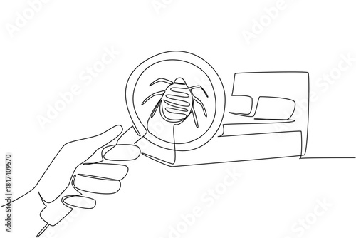 Single line drawing of a magnifying glass focused on a bed bug over a mattress, representing awareness, prevention, and health concept for National Bed Bug Prevention Day artwork.