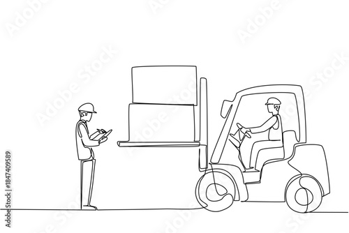 Single line drawing artwork showcasing National Forklift Safety Day theme with an operator lifting boxes while another worker observes and records, focusing on workplace industry safety concept.