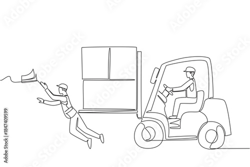 Continuous line drawing vector depicting forklift accident risk for National Forklift Safety Day, where boxes nearly hit a worker nearby, symbolizing hazard awareness in workplace industry safety.