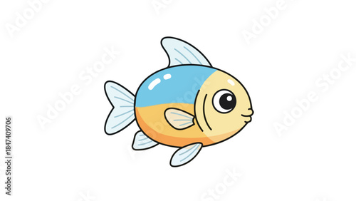 A charming and delightful brightly colored cartoon fish, featuring a friendly expression and vivid blue and golden yellow hues, gracefully depicted