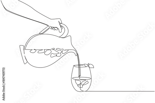 Hand pouring iced tea into a glass with ice cubes and lemon garnish from pitcher, drawn in continuous line drawing style, representing the celebration of National Iced Tea Day with a health concept.