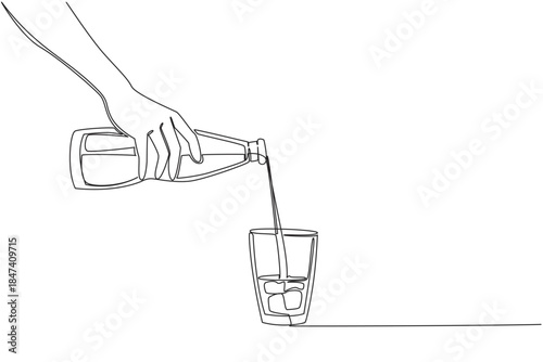 Simple continuous line drawing of iced tea being poured into a glass with ice cubes, created to honor National Iced Tea Day with a beverage concept, highlighting refreshment and health.