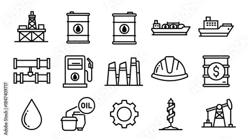 Oil industry icons set including drilling transportation and refining symbols, Generative AI.