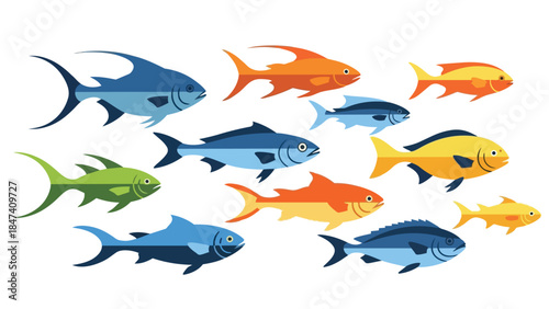 A vibrant collection of stylized aquatic creatures swimming together in a playful ocean scene, showcasing diverse marine life with simplified forms