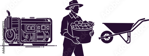 Generator Farmer Carrying Harvest and Wheelbarrow Silhouettes Keywords: generator, farmer, carrying, harvest, wheelbarrow