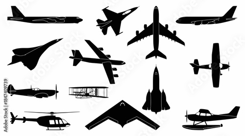 Collection of detailed black silhouettes showing diverse aviation history, including jets, bombers and vintage planes, concept for transportation, design and education