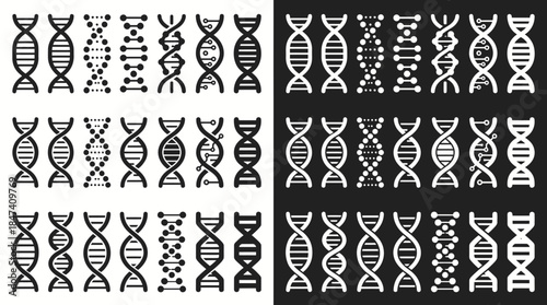 Various black and white DNA double helix icons and genetic code symbols displayed as a grid pattern, concept for medical research, bioinformatics design and educational materials development