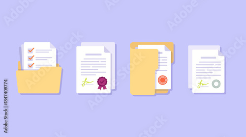 Flat illustration of business documents, contracts and folder files with seals and checklist elements, concept for legal agreement, document management system and corporate compliance training
