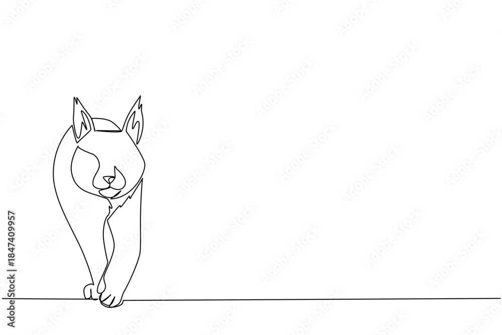 Fototapeta premium Continuous line drawing of a lynx walking with alert posture, showcasing its distinctive tufts and wild elegance for International Lynx Day, symbolizing animal awareness and wildlife conservation