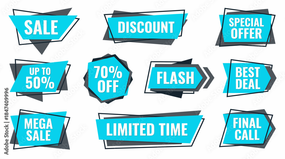 Obraz premium Nine geometric modern sale and discount vector banners in bright cyan and dark gray isolated on white, concept for online store promotions, advertising campaign and seasonal shopping events