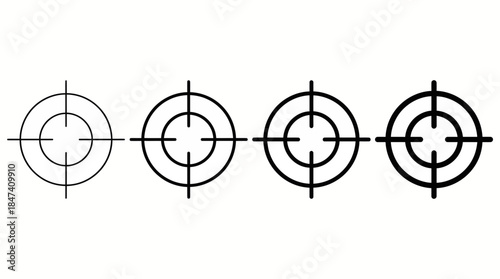 Four target crosshair icons vector variations with different line weights, concept for goal setting, achievement tracking and marketing strategy