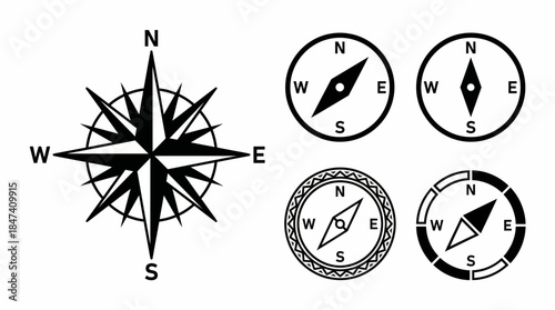 Black vector set of 5 compass and wind rose icons showing N, S, E, W directions, concept for navigation apps, travel maps and directional guidance systems