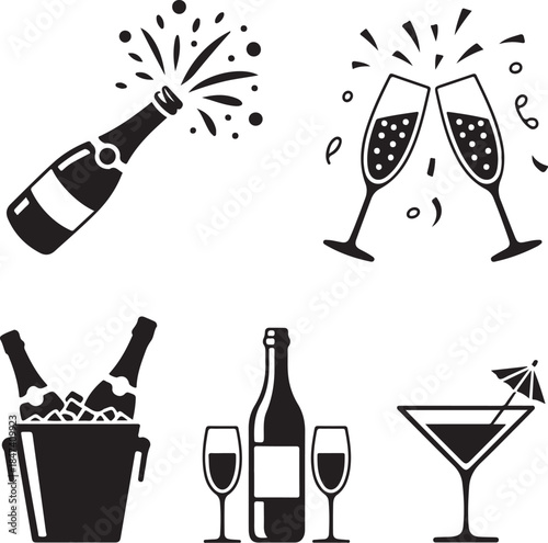 Black and white celebration drink icons set