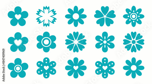Set of 15 different stylized teal flower vector icons with various abstract petal and heart details, concept for graphic design projects, spring season decoration and feminine branding
