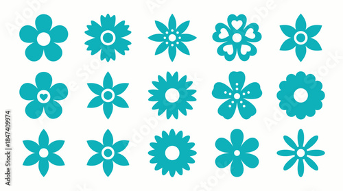 Set of fifteen stylized turquoise flowers icons featuring diverse decorative petal shapes and centers on white backdrop, concept for graphic design elements, web interfaces and textile prints