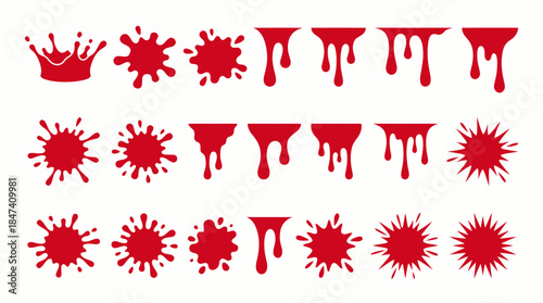 Set of red vector splatter, dripping blood, paint splash and liquid flow elements isolated on white background, concept for horror design, halloween decoration and confectionery packaging
