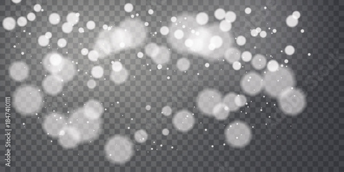 Festive sparkling dust white PNG. Bokeh Christmas glowing light effect. Soft white bokeh light circles float on a transparent background, glowing effect perfect for overlays, festive designs