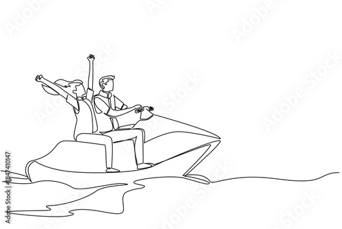 Continuous line drawing of a young couple riding a jet ski, enjoying adventure and excitement, created as a lifestyle concept for National Making Life Beautiful Day celebration.