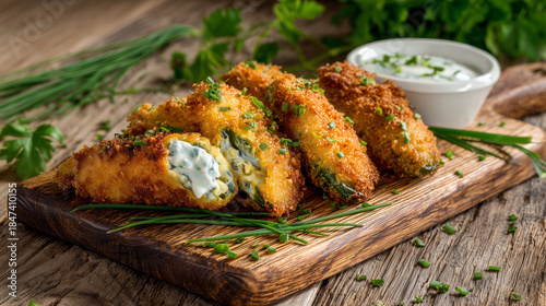 Homemade breaded jalapeño poppers or peppers on a wooden servicing or cutting board. Cilantro, chives and a dipping sauce complete spicy meal