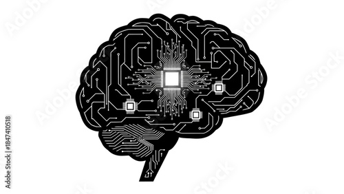 Artificial intelligence brain with circuit board and microchips, black and white vector illustration representing technology, computing and neural networks